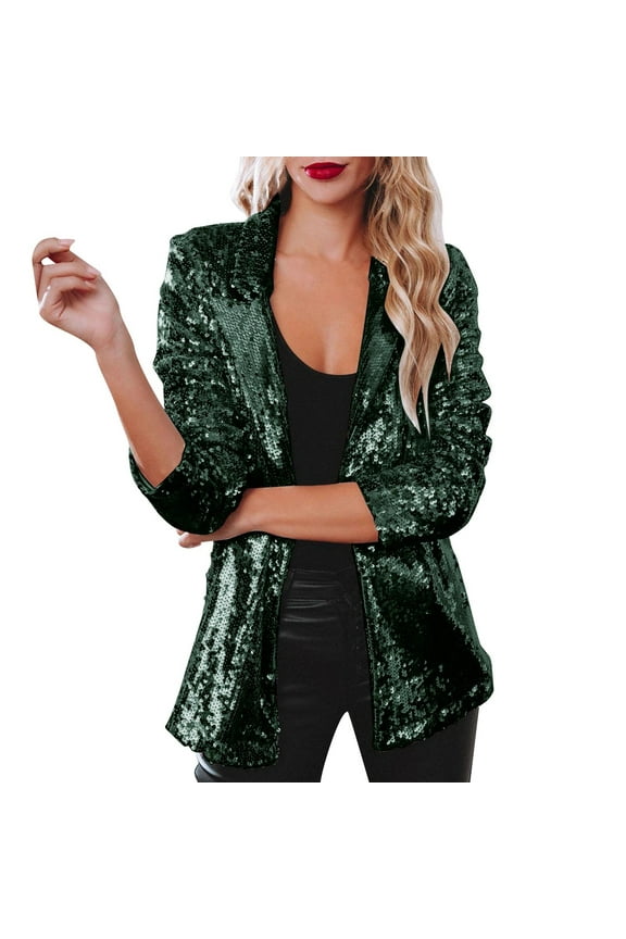 Women Sequins Blazer Sequin Jacket Casual Long Sleeve Glitter Party Shiny Lapel Coat Rave Outerwear Women Trench Coats Long(Green,XXL)