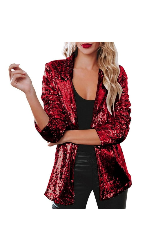 Women Sequins Blazer Sequin Jacket Casual Long Sleeve Glitter Party Shiny Lapel Coat Rave Outerwear Women Trench Coats Long(Red,L)