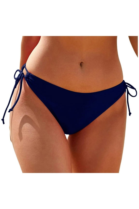 Women String Tie Side Bikini Bottoms Full Coverage Swimsuit Bottom Low Waist Low Rise Bathing Suit(Navy,M)