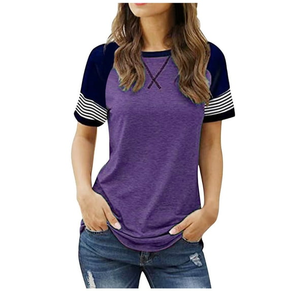 kamemir Women Summer Casual Shirts: Short Sleeve Striped Tunic Tops - Womens Crew Neck Tee Tshirt Blouses(Purple,L)