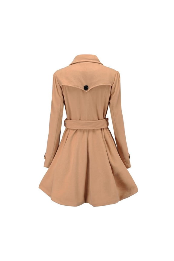 Women Swing Double Wool Pea Coat with Belt Buckle Spring Mid-Long Long Sleeve Lapel Dresses Outwear(Z-Khaki,M)