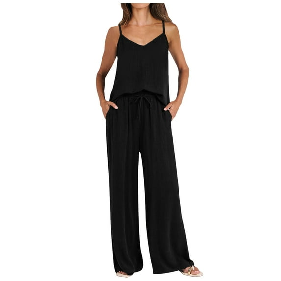 kamemir Women's 2 Piece Linen Lounge Set Casual Matching Pants Jumpsuit Summer Beach Travel Vacation Trendy Outfits(Z-Black,M)