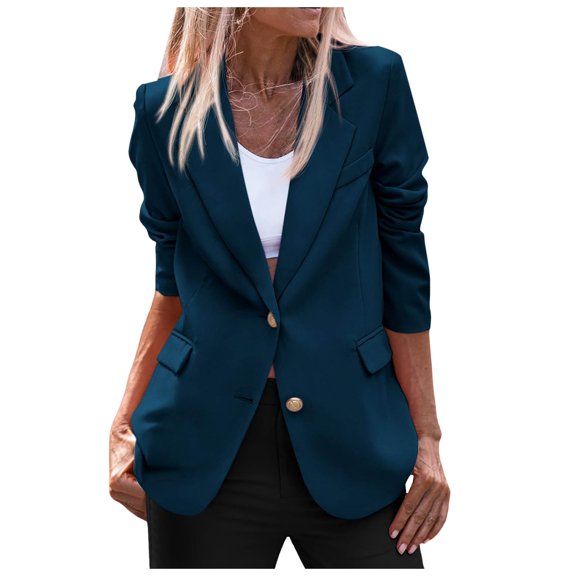 kamemir Women's 2024 Fall Business Casual Blazers Long Sleeve Notch Lapel Trendy Work Office Blazer Jackets Outerwear(Dark Blue,S)