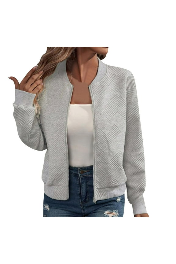Women’s Casual Bomber Jacket Lightweight Long Sleeve Stand Collar Zip Up Jackets Coats(Grey,M)