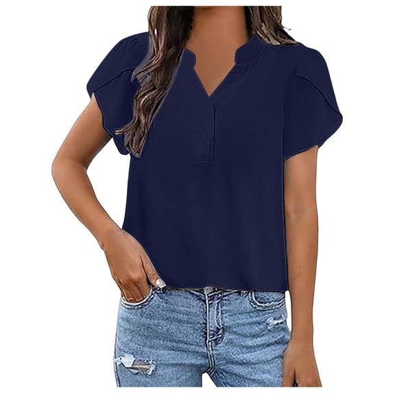 kamemir Women's Dressy Casual Tops Business Work Blouses White Button Down Shirts Cap Sleeve V Neck Tshirt(BU1,XL)