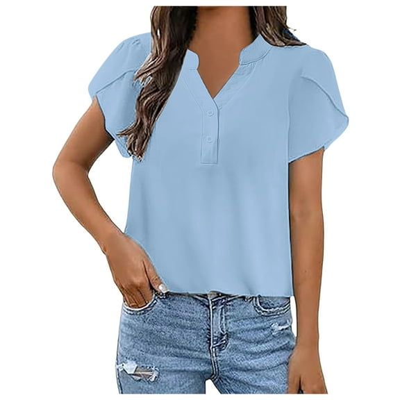 kamemir Women's Dressy Casual Tops Business Work Blouses White Button Down Shirts Cap Sleeve V Neck Tshirt(BU2,L)