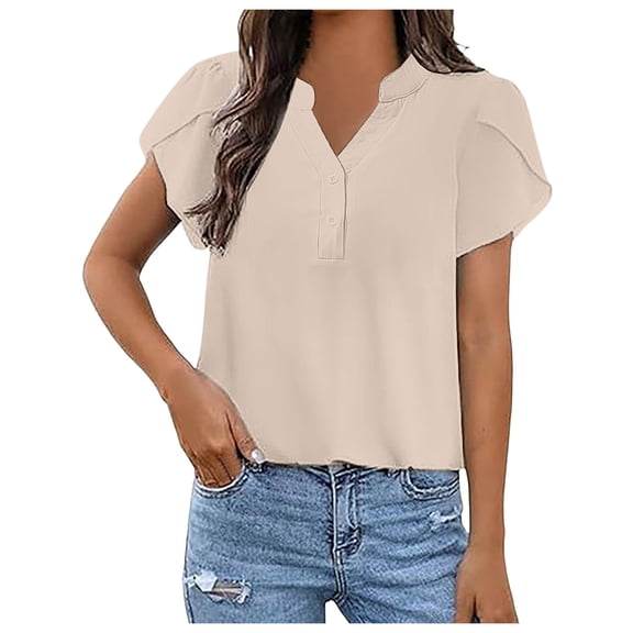 kamemir Women's Dressy Casual Tops Business Work Blouses White Button Down Shirts Cap Sleeve V Neck Tshirt(Beige,XL)