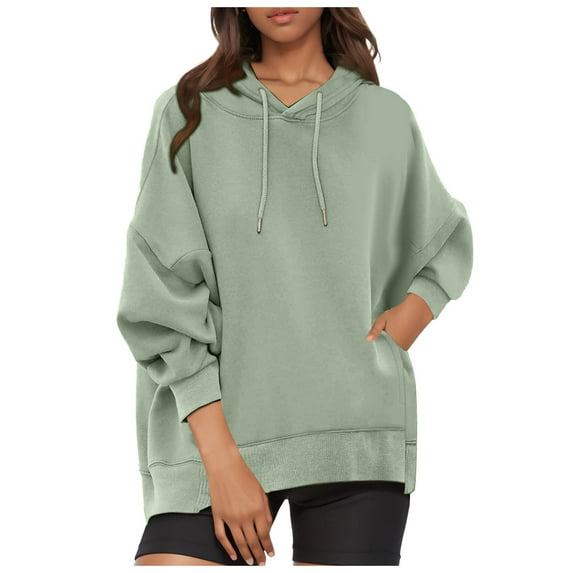 kamemir Women's Fashion Hoodies & Sweatshirts Women's Oversized Sweatshirt Crew Neck Long Sleeve Casual Slit Pullover Top Fall 2025 Teen Girl Preppy Clothes(Green,L)