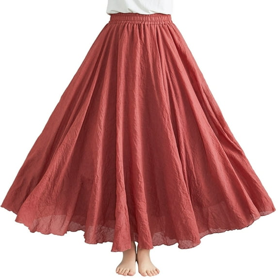 kamemir Women's Girls Elastic Waist Long Flowy Bohemian Cotton Casual Maxi Skirt for Summer Beach Holiday(Red,One Size)