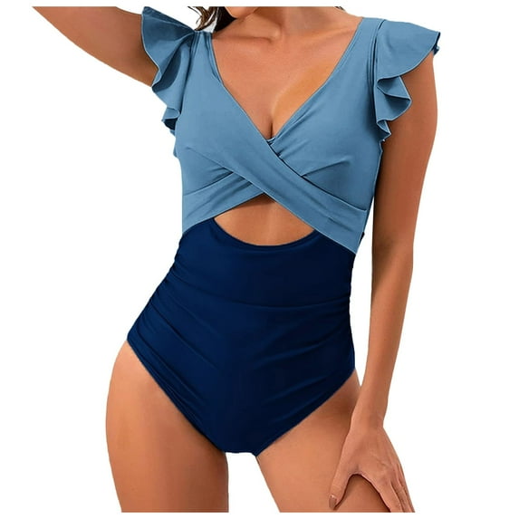 kamemir Women's One Piece Swimsuit Ruffle Cutout Bathing Suits Tummy Control V Neck Wrap Swimwear(Light Blue,XXL)