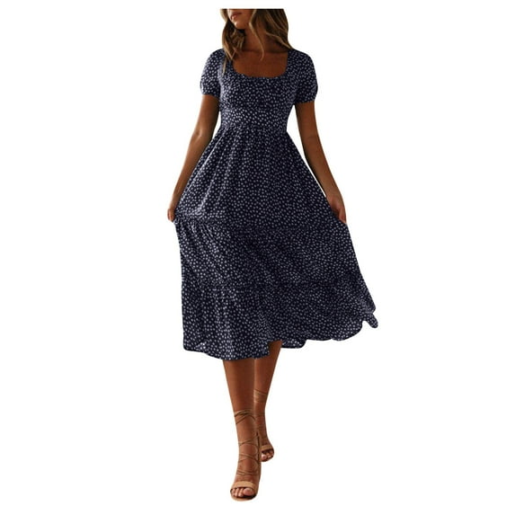 kamemir Women's Plus Size Dresses Women Boho Floral Print Summer Short Sleeve Midi Dress(X-Navy,M)