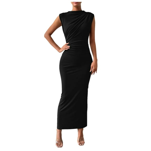 kamemir Women's Ruched Bodycon Dress Summer Casual Sleeveless Back Slit Elegant Club Evening Party Maxi Dresses(Black,S)