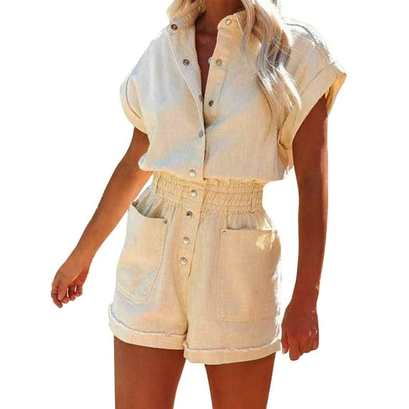 kamemir Women's Short Sleeve Utility Rompers Elastic Waist Button Down Cotton Pocketed Jumpsuit(Beige,L)