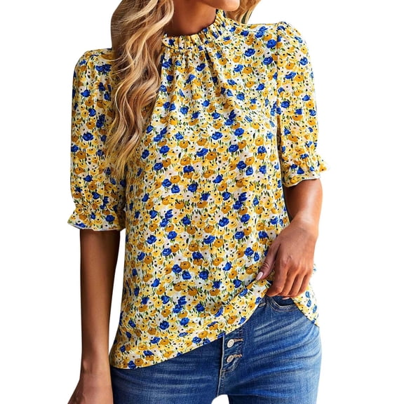 kamemir Women's Summer Boho Shirt Top Ruffle Short Sleeve Frill Trim Neck Floral Solid 2024 Casual Blouses Shirts Tops(Yellow,L)