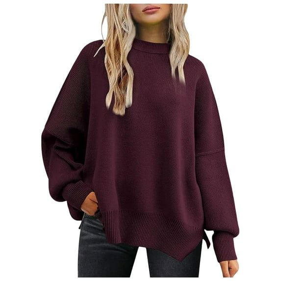 kamemir Women's Sweater Women Crewneck Long Sleeve 2024 Fall Oversized Side Slit Ribbed Knit Pullover Sweaters Top Cozy Outfits(Wine,M)