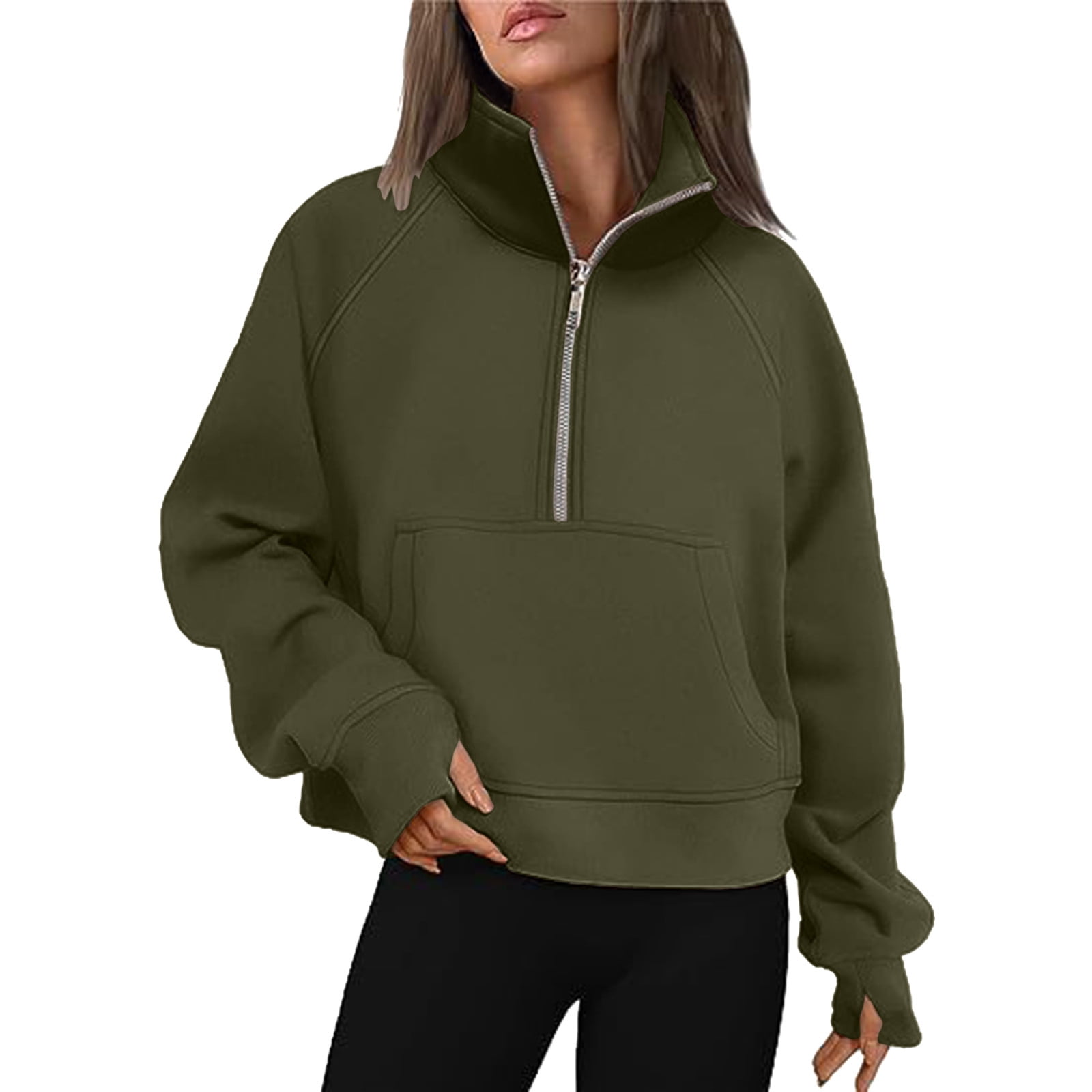 Women's Half Zip Fleece Lined Crop Sweatshirt - Funnel Neck, Thumb Holes, Kangaroo Pocket, Oversized Pullover Top