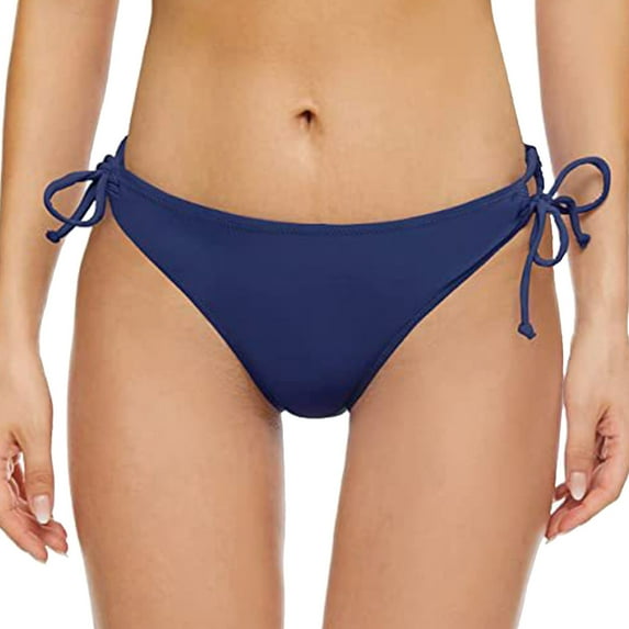 kamemir Women's Tie Side Bikini Bottoms Mid Rise String Bathing Suits Bottom(Navy,L)