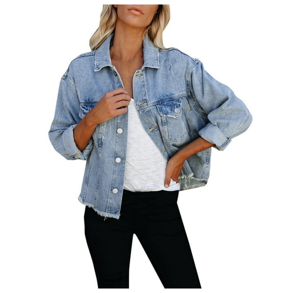 kamemir Women's Trench Coats Women's Jean Jacket Frayed Washed Button Up Cropped Denim Jacket With Pockets(Blue,L)