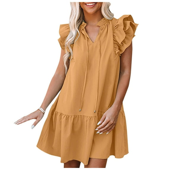 kamemir Womens 2024 Summer V-Neck Drawstring Ruffle Cap Short Sleeve Side Pockets Mini Dress Sundress(Khaki,S)