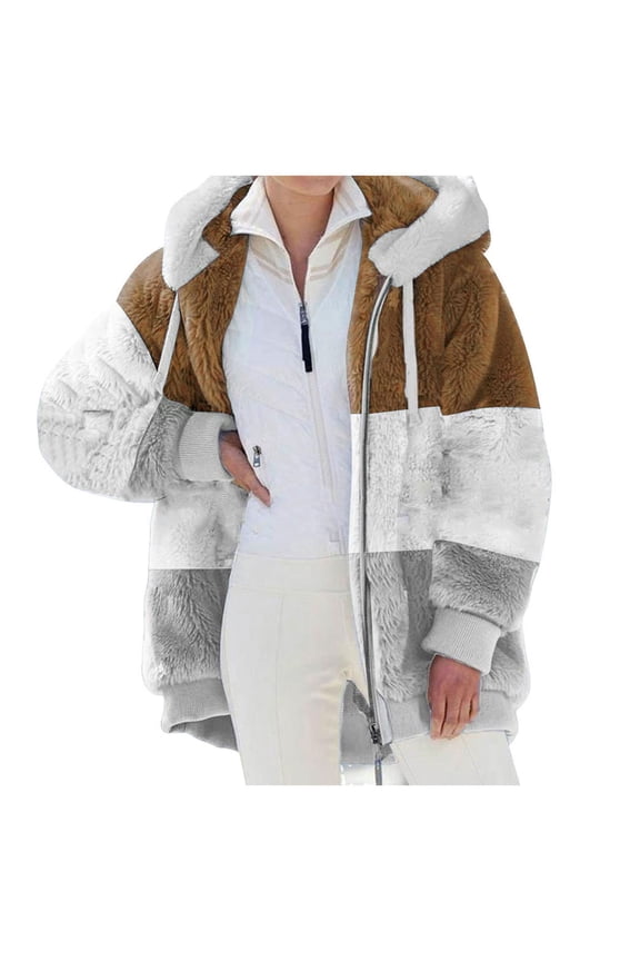 Womens 2024 Winter Fuzzy Fleece Jacket Hooded Color Block Patchwork Cardigan Coats Outerwear with Pockets(Khaki,XL)