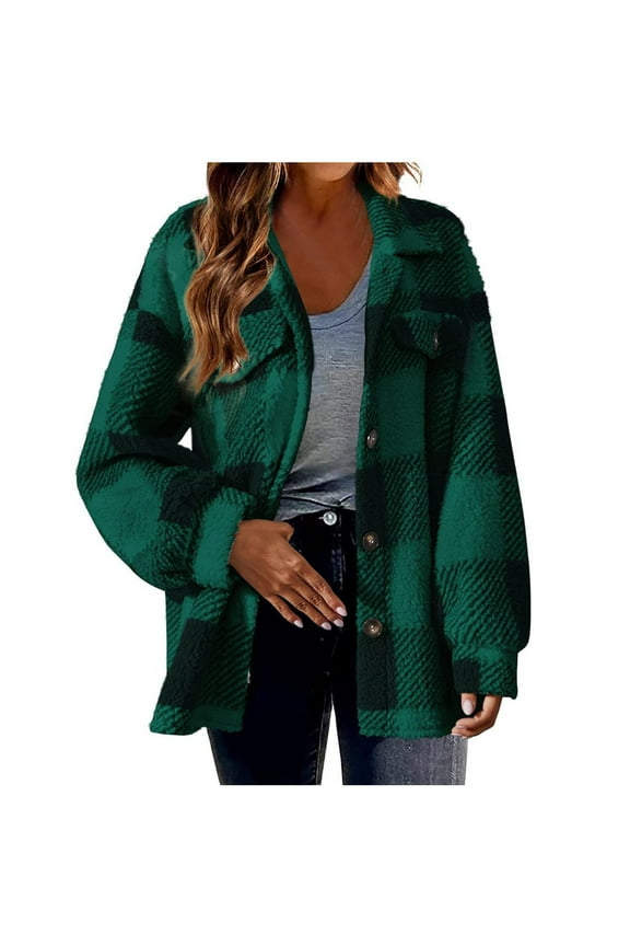 Womens Fuzzy Fleece Plaid Shacket Jacket Buffalo Plaid Flannel Sherpa Puffer Coat Button Down Sherpa Shacket(Green,S)