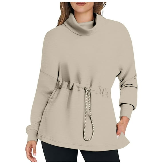 kamemir Womens HoodieWomens Turtleneck Sweatshirts Drawstring Waist Pullover Tops Loose Fit Long Sleeve Hoodies 2024 Fall Outfits(Beige,M)