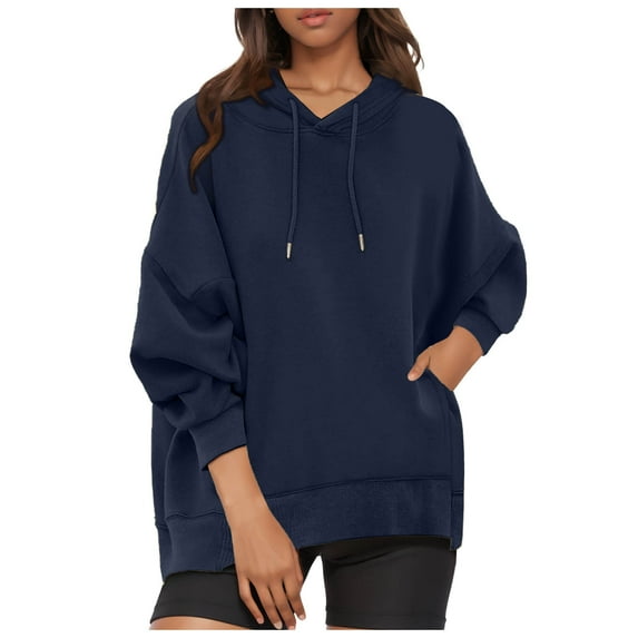 kamemir Womens Hoodies Plus Size Women's Casual Long Sleeve Color Tops Crewneck Sweatshirts Cute Loose Fit Pullover with Pockets(Blue,M)