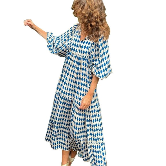 kamemir Womens Loose Fit Casual Summer V Neck Half Sleeve Bohemian Geometric Pattern Maxi Long Dresses(Blue,5XL)