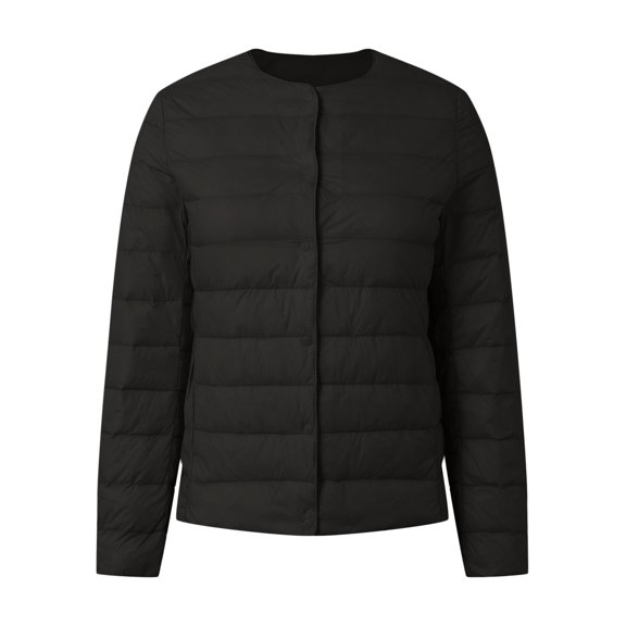kamemir Womens Puffer Coat Without Hood Buttons Long Sleeve Collarless Lightweight Down Jacket Winter Casual Warm Outwear(Black,4XL)