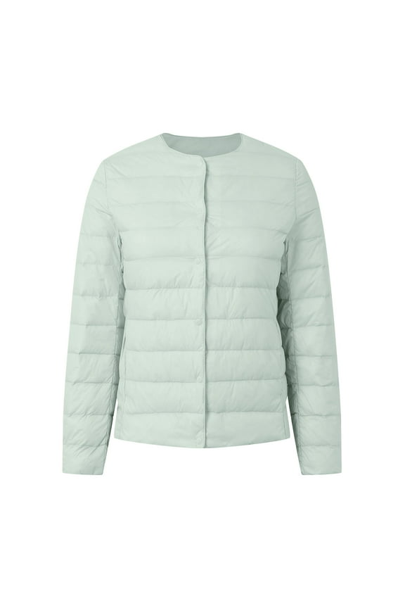 Womens Puffer Coat Without Hood Buttons Long Sleeve Collarless Lightweight Down Jacket Winter Casual Warm Outwear(Blue,L)