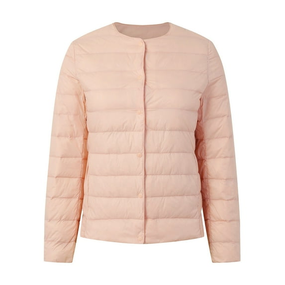 kamemir Womens Puffer Coat Without Hood Buttons Long Sleeve Collarless Lightweight Down Jacket Winter Casual Warm Outwear(Pink,L)
