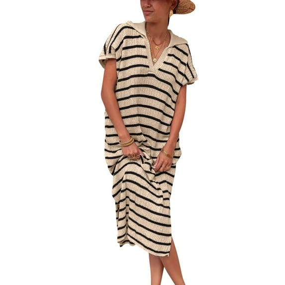 kamemir Womens Striped Summer Dresses Short Sleeve V Neck Knit Collared Sexy Slit Loose Maxi Sweater Dress(Beige,XXL)