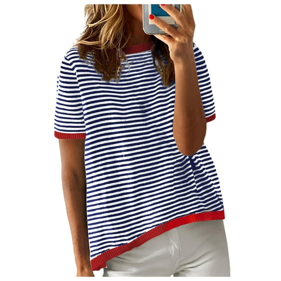 kamemir Womens Summer Tops Casual Crewneck Short Sleeve Striped Color Block Knitted High Low Trendy Pullover T Shirts Blouse(Blue,M)