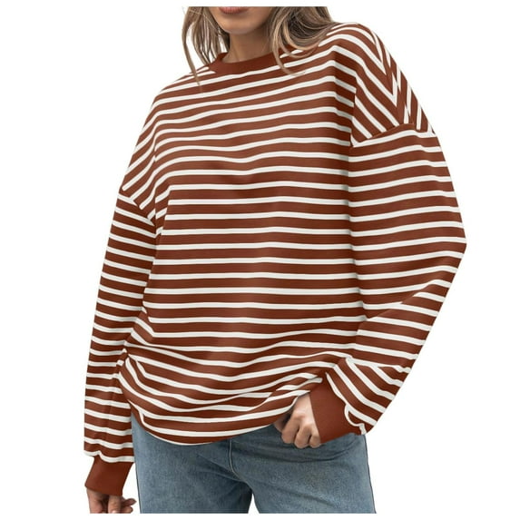 kamemir Womens Sweatshirt Womens Oversized Striped Color Block Sweatshirts Long Sleeve Crewneck Casual Loose Fitting Pullovers Tops Shirts(Coffee,L)