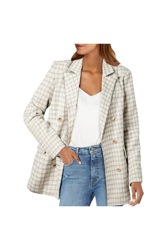 Womens Tweed Blazers Casual Jackets Long Sleeve Double Open Front Plaid Blazer Jackets Work Suits(Beige,XL)