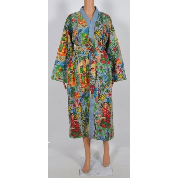 kantha jacket, Indian handmade japanese kimono style kantha robe, Winter jacket, Gray colored tie belt coat