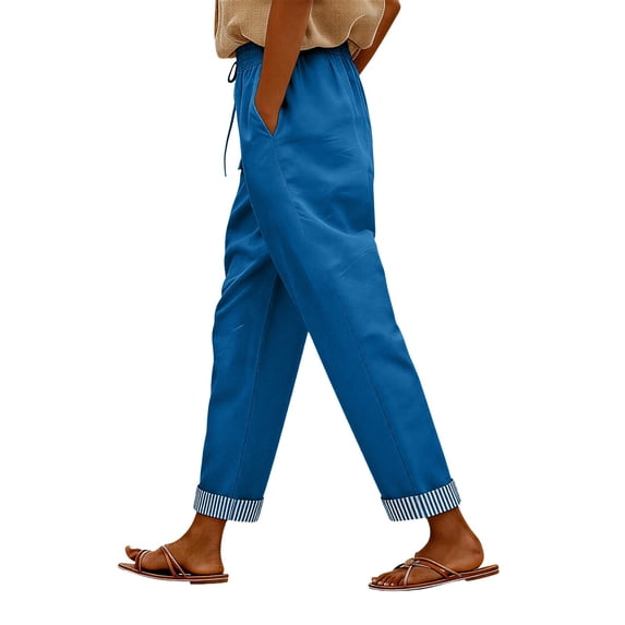 kaondbfi Cotton Linen Pants Women Summer Casual Straight Leg Pants Elastic Waist Beach Trousers with Pockets