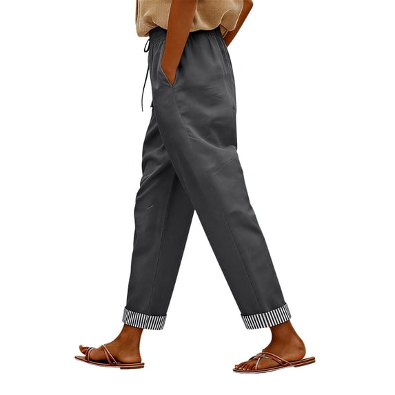 kaondbfi Cotton Linen Pants Women Summer Casual Straight Leg Pants Elastic Waist Beach Trousers with Pockets