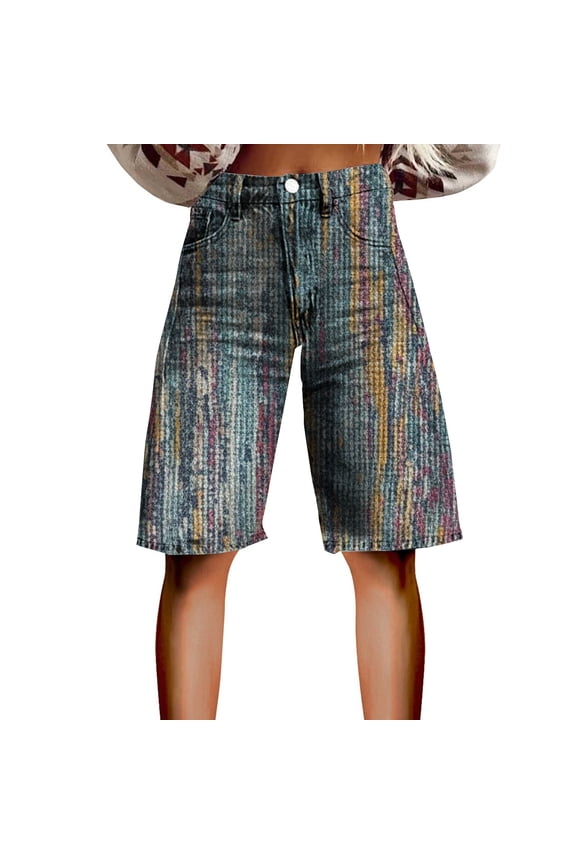 Denim Shorts for Women Print Like Denim Flare Jeans Stretchy Shorts with Pockets Summer Jeans for Women