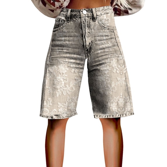 kaondbfi Denim Shorts for Women Print Like Denim Flare Jeans Stretchy Shorts with Pockets Summer Jeans for Women