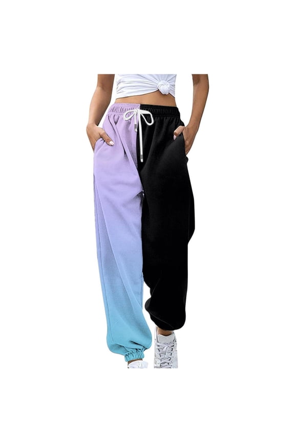 Fashion Women's Loose Breathable Colorblocking Casual Pants Side Pockets Leg Opening Drawstring Seasonal Casual Pants Ladies Casual Pants