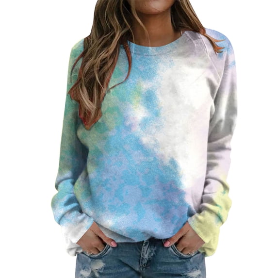 kaondbfi Hoodless Sweatshirts for Stylish Women Tie Dye Sweatshirt Casual Long Sleeve Crewneck Pullover Shirts Womens Summer Fall Fashion Sweat Shirts