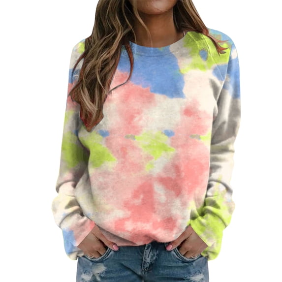 kaondbfi Hoodless Sweatshirts for Delicate Women Tie Dye Sweatshirt Casual Long Sleeve Crewneck Pullover Shirts Womens Summer Fall Fashion Tops