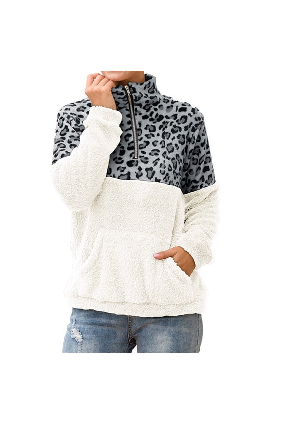 Plush Jackets for Delicate Women Leopard Print Sweater Stitching 1/4 Zipper Collar Top Double Fleece Warm Jacket with Pockets Womens Summer Fall Fashion Tops