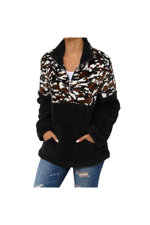 Plush Jackets for Stylish Women Leopard Print Sweater Stitching 1/4 Zipper Collar Top Double Fleece Warm Jacket with Pockets Womens Summer Fall Fashion Tops