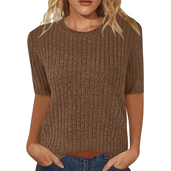 kaondbfi Short Sleeve Sweater for Women Ribbed Crewneck Sweaters Summer Tops Soft Sweater Shirt Trendy Casual Pullover Tunics Womens Essentials Fashion Clothing