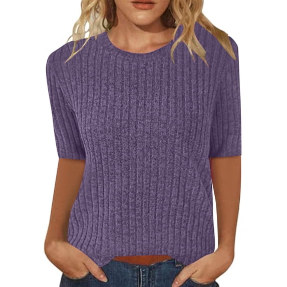 kaondbfi Short Sleeve Sweater for Women Ribbed Crewneck Sweaters Summer Tops Soft Sweater Shirt Trendy Casual Pullover Tunics Womens Essentials Fashion Clothing