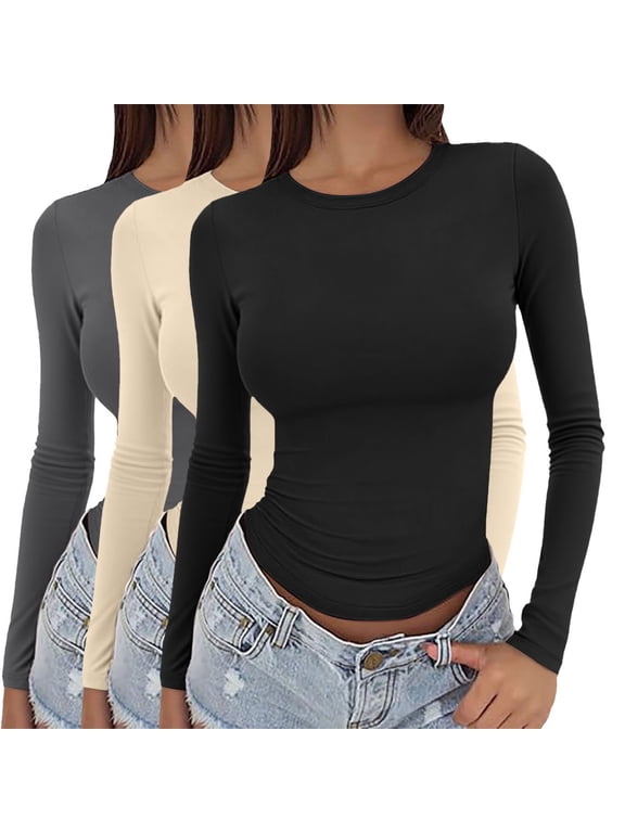 Summer Tops for Women 3 Pieces Women Y2k Basic Long Sleeve Top Slim Baby Tee Round Neck Dupe Crop Layering Slim Top Blouse Aesthetic Streetwear
