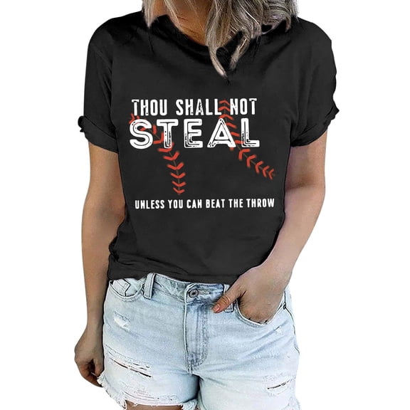 kaondbfi Summer Tops for Women Thou Shall Not Steal Women's Classic Round Neck Casual Short Sleeve Baseball T Shirt Womens Essentials Fashion Clothing