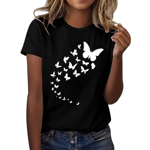 kaondbfi Summer Tops for Women Women's Butterfly Print Round Neck Short Sleeve T Shirt Top Womens Essentials Fashion Clothing